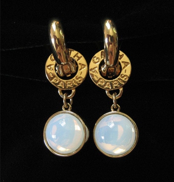 On Hold For S AGATHA Paris Signed Earrings White Opal Glass
