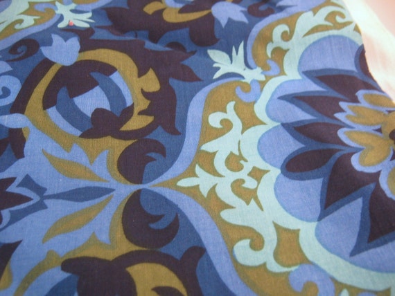 Vintage Fabric Blue Navy Olive Green Aqua Damask Cotton