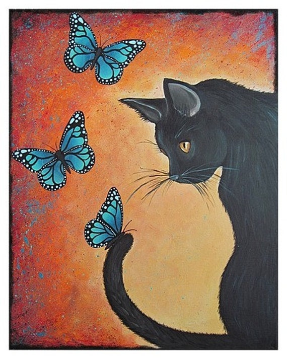 Items similar to Black cat with butterflies modern PRINT of original ...