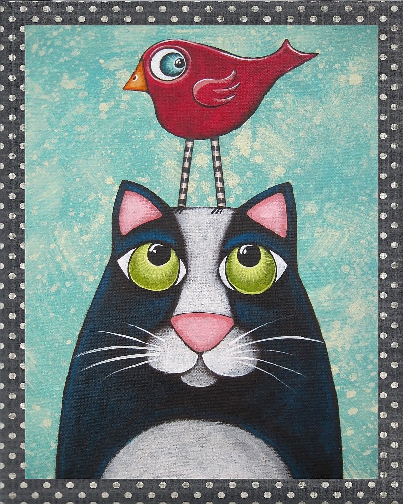 Folk Art Cat Bird PRINT of original painting by by HipHeartStudio2