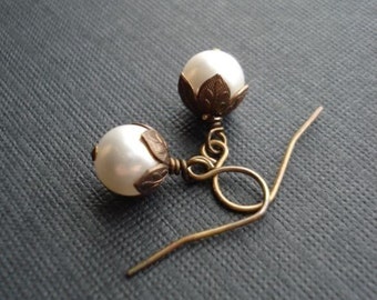 White Pearl Earrings In Brass, Drop Earrings, Classic Wedding Earrings, Vintage Style Earrings, Bridesmaid. Chocolate Brown