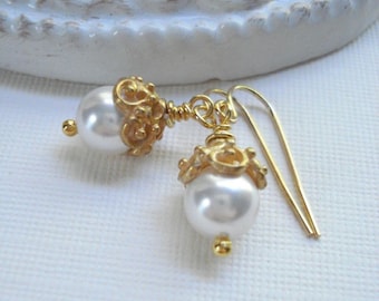 White Pearl Drop Earrings In Gold, Classic, Wedding Jewelry, Bridesmaid. Gold, Winter Jewelry