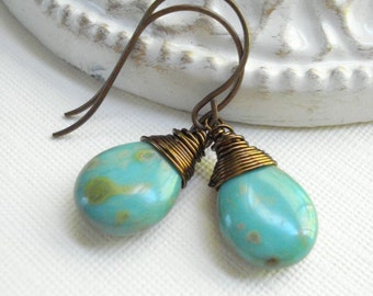Turquoise Teardrop Earrings In Antique Brass, Wire Wrapped Dangle Earrings, Vintage Style, Stone, Gift For Her Under 25, December Birthday