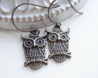 Owl Earrings In Antiqued Brass Or Antique Silver, Owl Jewelry, Woodland, Bird, Gift For Her Under 25