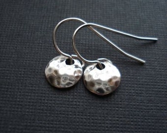 Silver Coin Drop Earrings. Hammered Coin Dangle Earrings. Modern, Minimalist Earrings