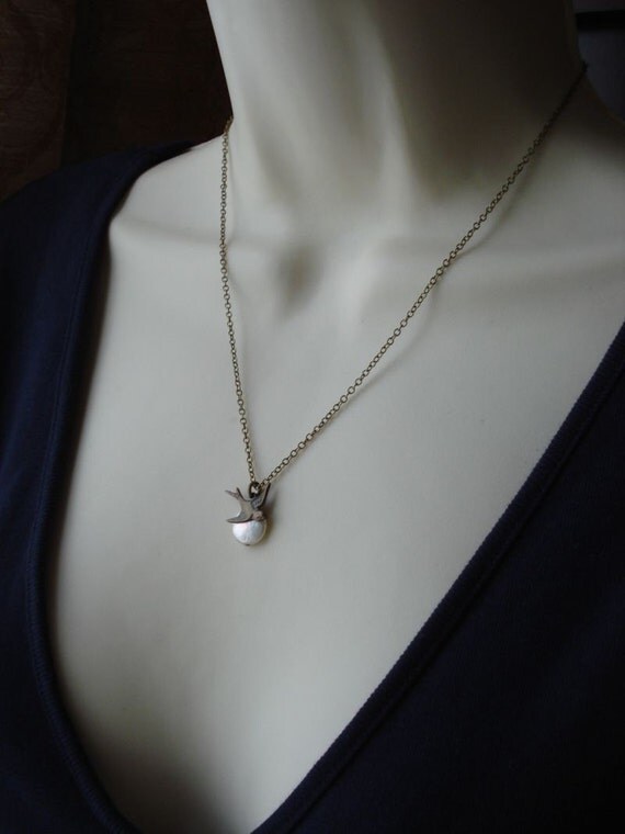 Bird Pearl Pendant Necklace In Antique Brass Pearl Necklace