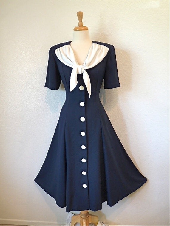 Vintage Sailor Dress Navy and White Size 8