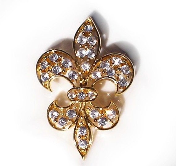 Vintage Goldtone Fleur De Lis Brooch Pin With Rhinestone Made 9293