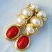 Vintage 60s Clip Earrings White Pearls Red Gold-Tone