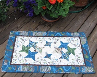 Table Runner or Wall Quilt with Blue and Green Pieced Stars