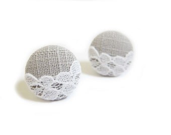 Button Earrings / Clip On Earrings / Stud Earrings - lace on gray earrings
