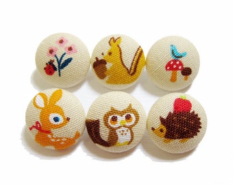 Sewing Buttons / Fabric Buttons - 6 Medium Fabric Buttons Set - Forest Friends on Tan