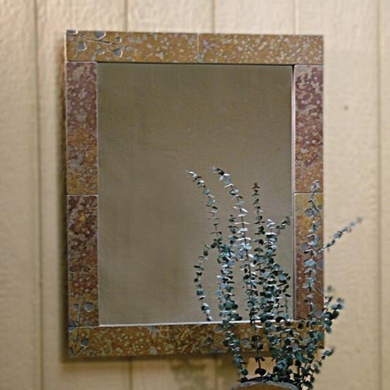 Rustic stone wall mirror with leaves etched in real by stonegifts