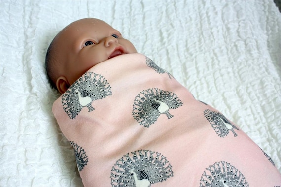 Swaddling blanket by anna leigh.. super soft Organic Cotton Knit ... modern Peacocks on baby Pink