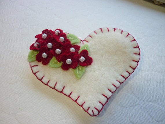 Felt Heart Brooch Beaded Red Flowers Valentine