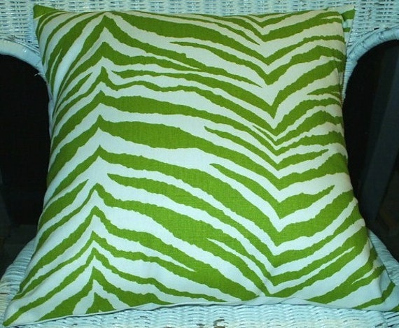 Green and White Tunisia Zebra Animal Print Fabric Throw Pillow