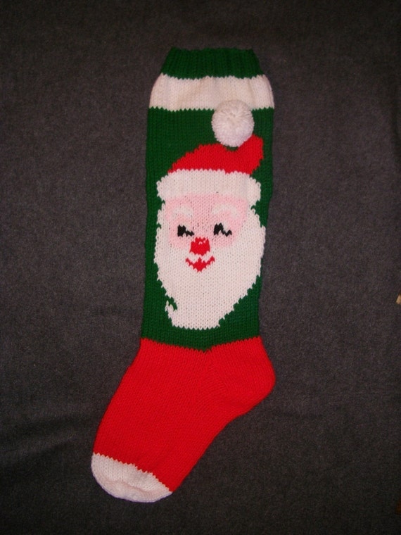 Hand Knit Santa Christmas Stocking Ready To Ship Vintage