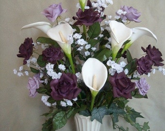 Purple / Lavender Roses and White Calla Lilies Silk Flower Floral Arrangement / Centerpiece
