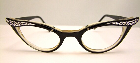 Stunning Catseye 1950s Black And Silver Eyeglasses Marine