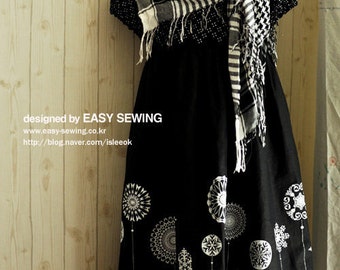 Scandinavia Ornament Illus. on Black Linen blended WIDE 142cm A Yard, U2223