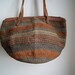 Vintage 1980s Sisal Striped Earth Tone Women's Tote Bag with Embossed Leather