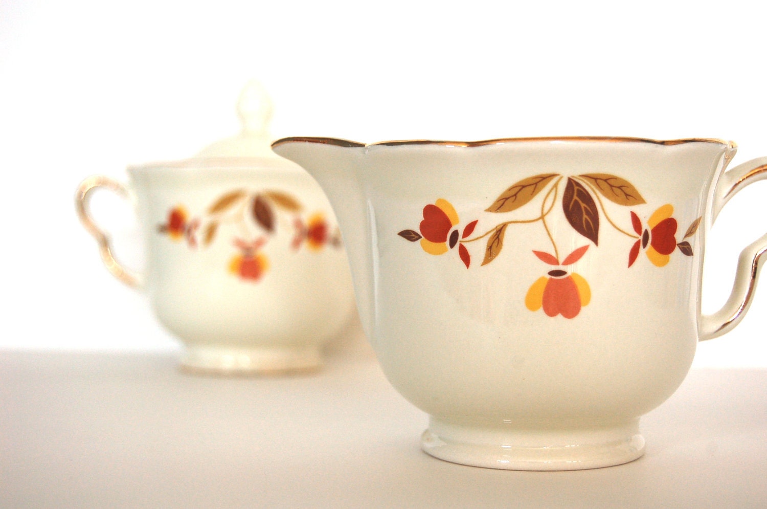 Hall China Jewel Tea Autumn Leaf 1940s Ruffled D Cream & Sugar