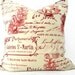 WEEKLY SPECIAL 10.00 Pillow Cover French Red Sand Beige Script Coral Decorative Accent Cushion Repurposed 16x16