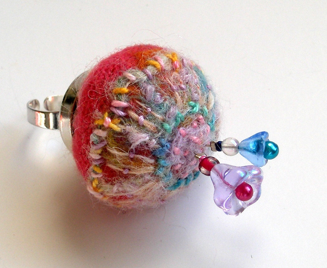 Pincushion Ring Pink Wool Angel Fibers and Hand Embroidery