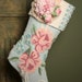 Pink Roses on Blue Vintage Chenille Christmas Stocking - Vintage-style Millinery Flower Cluster