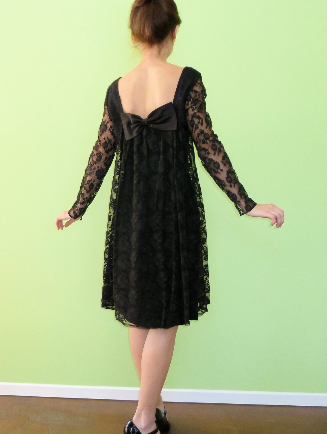 Black Lace Babydoll Dress Vintage 1960s Cocktail Mini Dress