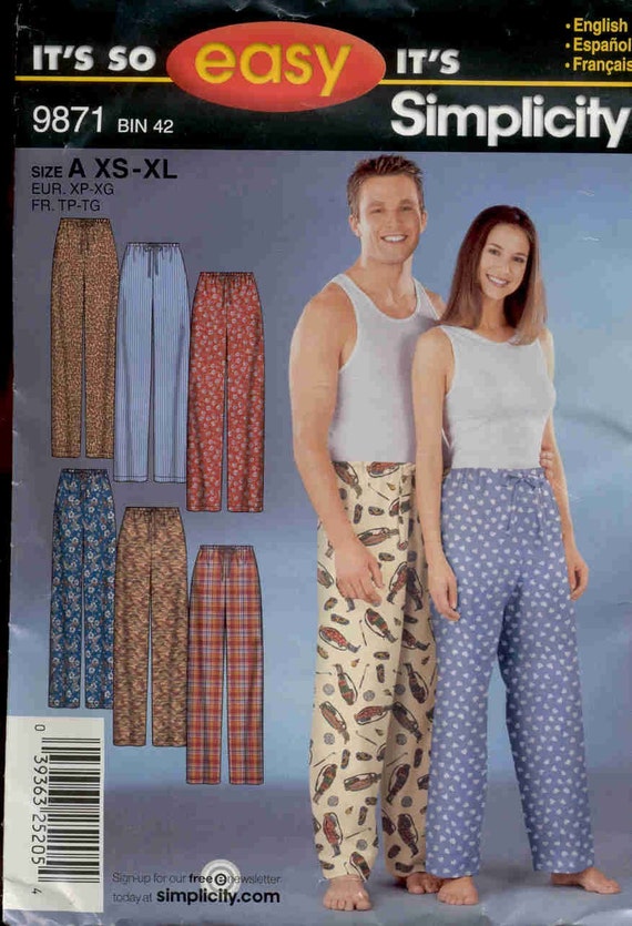Items similar to Simplicity 9871 Drawstring pajama pants pattern Unisex ...