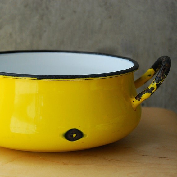 Vintage Yellow Enamel Stock Pot Pan Japan White Yellow Black