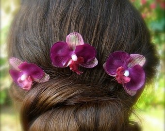 Purple Orchid Flower Hair Pins,Orchid Bobby Pins,Beach Wedding,Bridesmaids Hair Accessories,Hawaiian Hair Flowers,Tropical Hair Clips