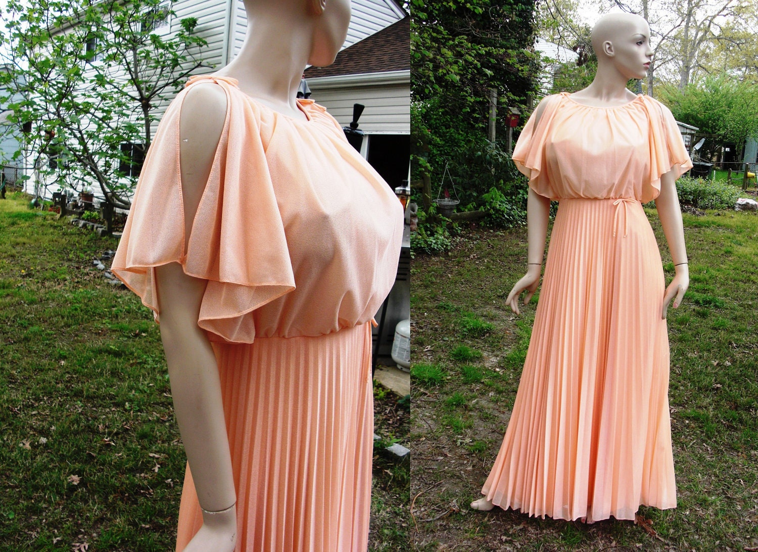 70's Melon Vintage Evening Gown with Pleated Skirt and