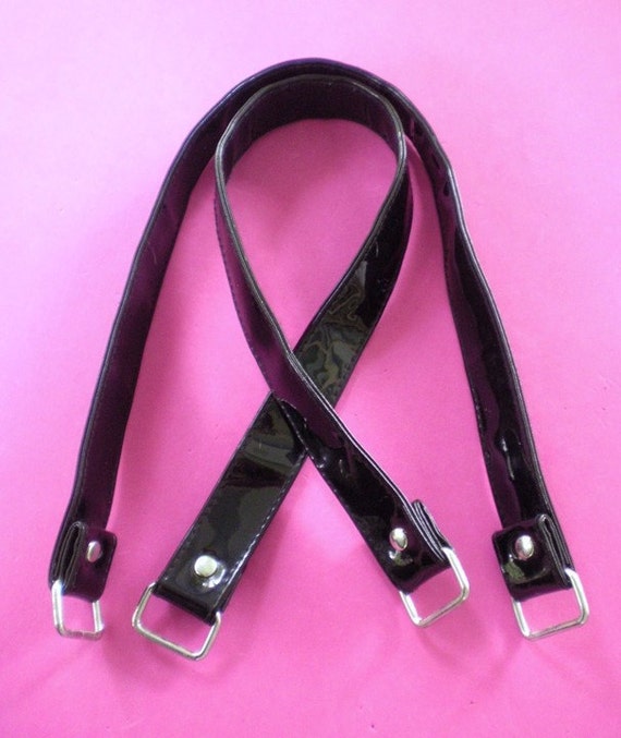 Set of Two Black Patent Leather Purse Straps with Silver Toned