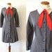 1970s Dress Schoolgirl Mod Mini Red Ascot Button Front Gray White Collar School Girl Pinstripe Vintage 70s M Medium