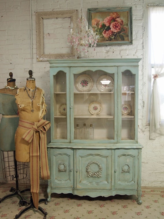 Vintage Painted Cottage Aqua Chic French China Cabinet CC138