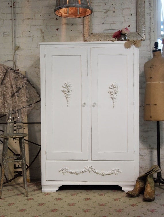 Painted Cottage Chic Shabby White Romantic Armoire AM244
