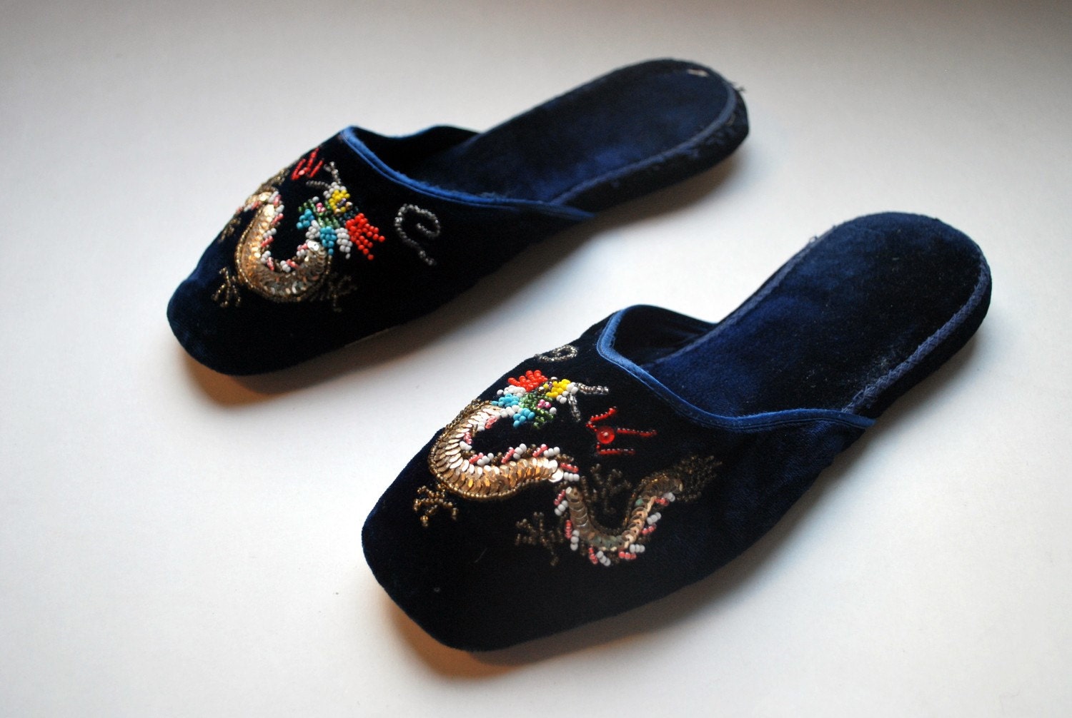 Bohemian Luxe housewife slippers .vintage royal blue velvet