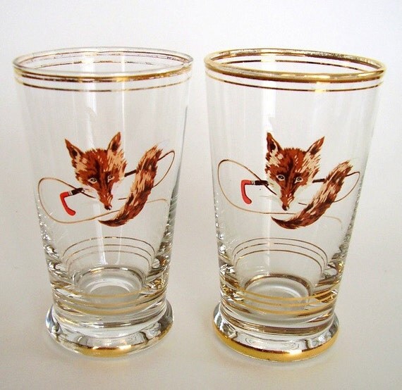 Vintage Fox Hunt Whiskey Glasses Riding Crop Foxtail ART DECO
