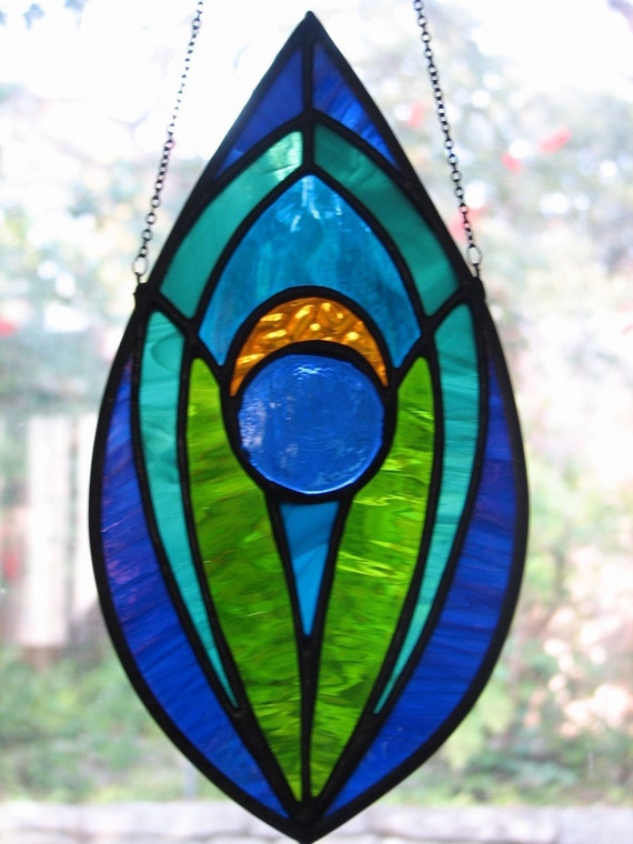 Stained Glass Suncatcher Plant Form with Blue Center