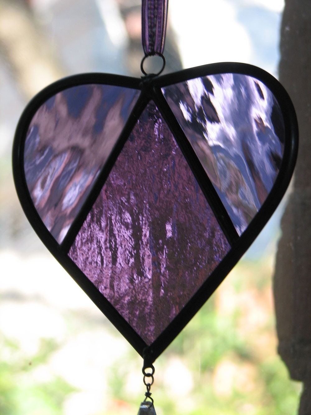 Stained Glass Suncatcher Purple Heart With Teardrop Crystal