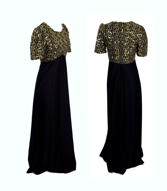 Vintage long dress black and gold sequin bodice empire waist