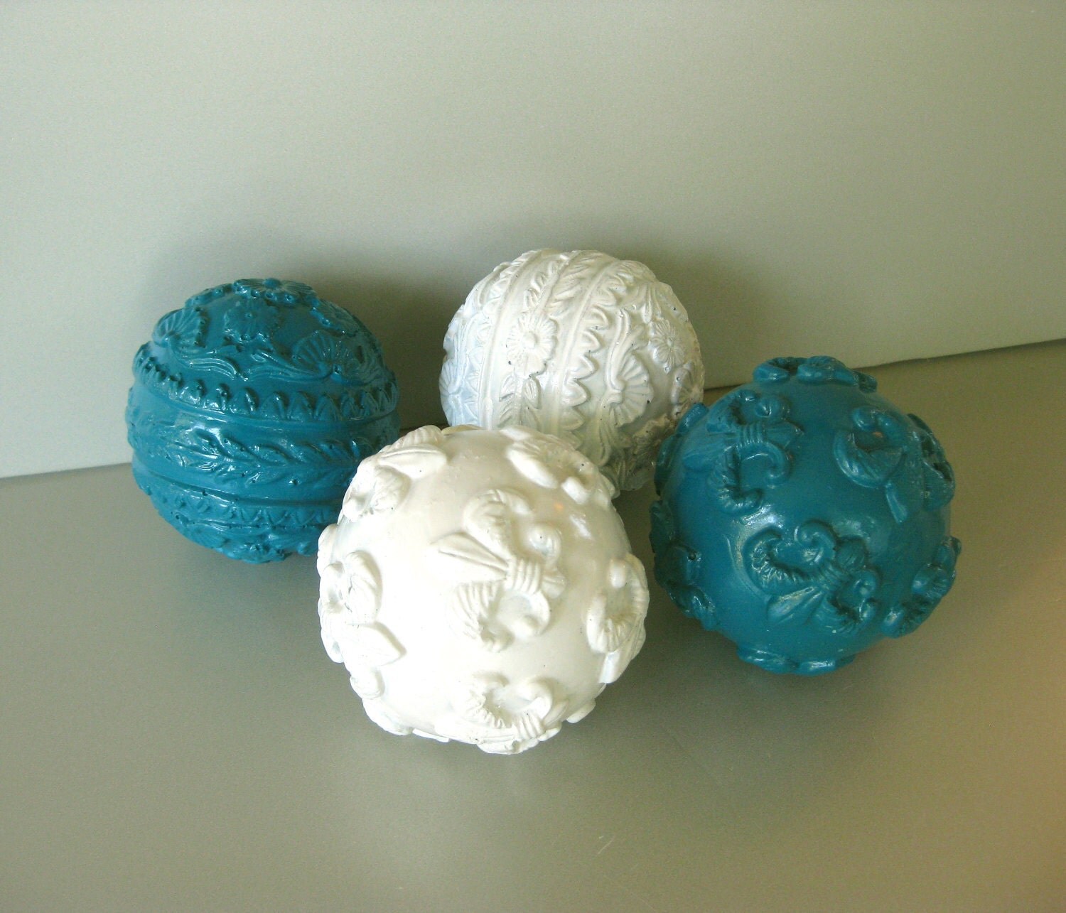 Decorative Carved Balls Teal White French Country Paris