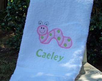 Monogrammed Kid's Bath Towel with Caterpillar Applique - perfect for the beach, bath or pool