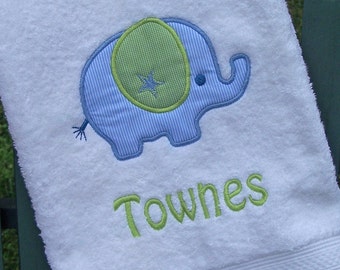 Monogrammed Kids Bath Towel with Elephant Applique - perfect for the beach, bath or pool