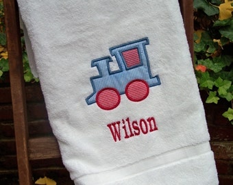 Monogrammed Kids Bath Towel with Train Applique - perfect for the beach, bath or pool