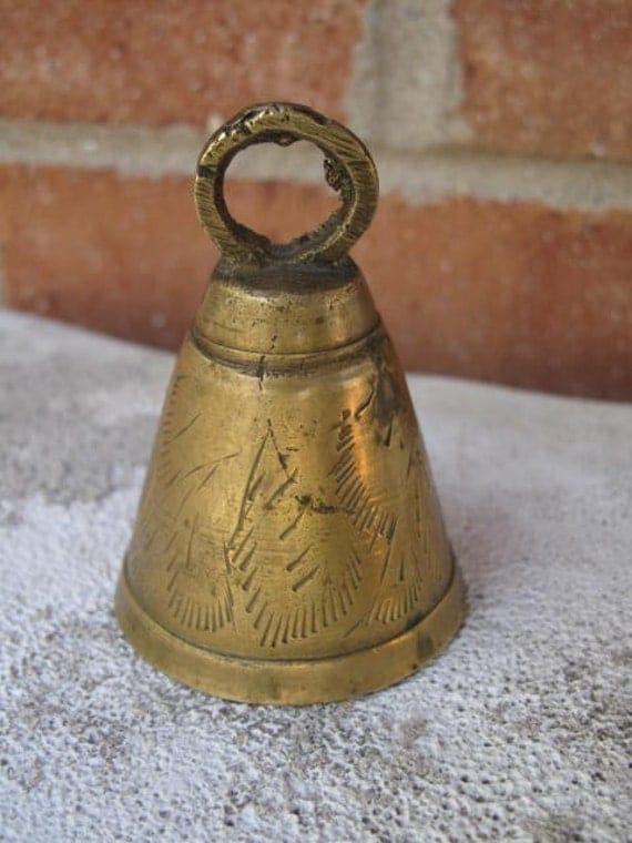 Vintage Solid Brass Bell Ornamental Etched Metal Bell Hand