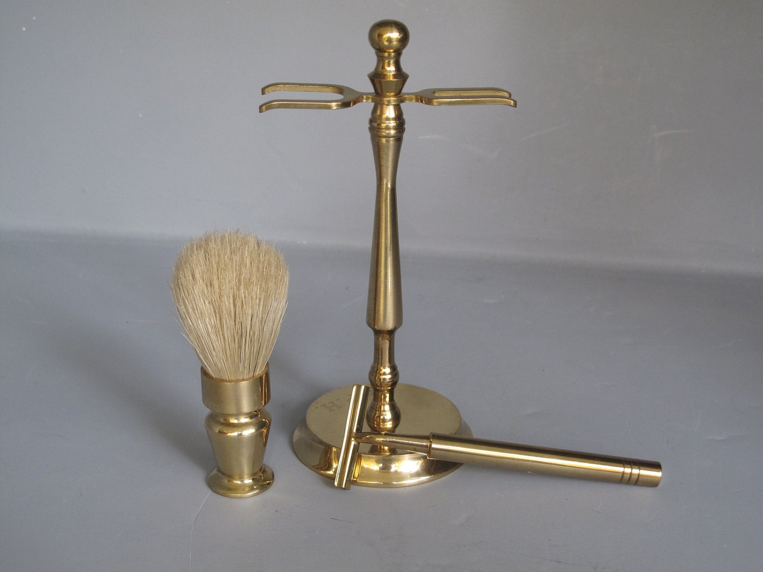 Vintage Shaving Set / Brass Stand Shaving Brush with Soft