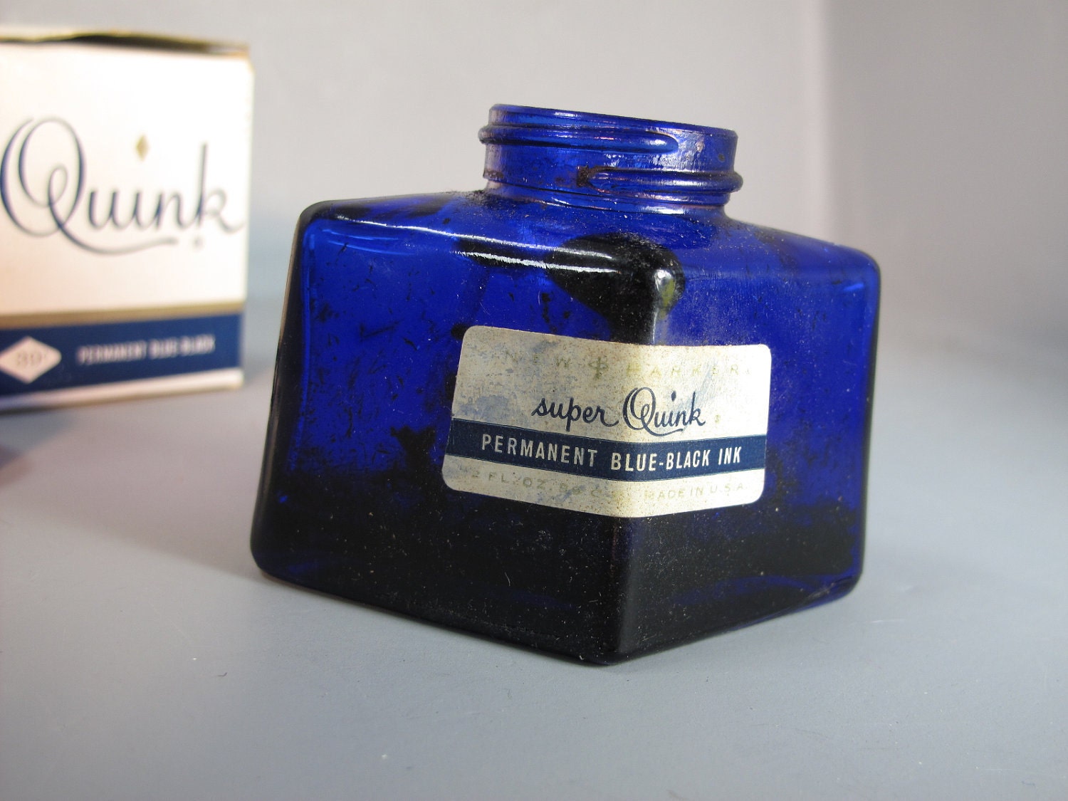 Vintage Parker Ink Bottle with Original Box / Cobalt Blue